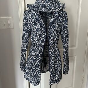 Blue and white hooded parka rain jacket